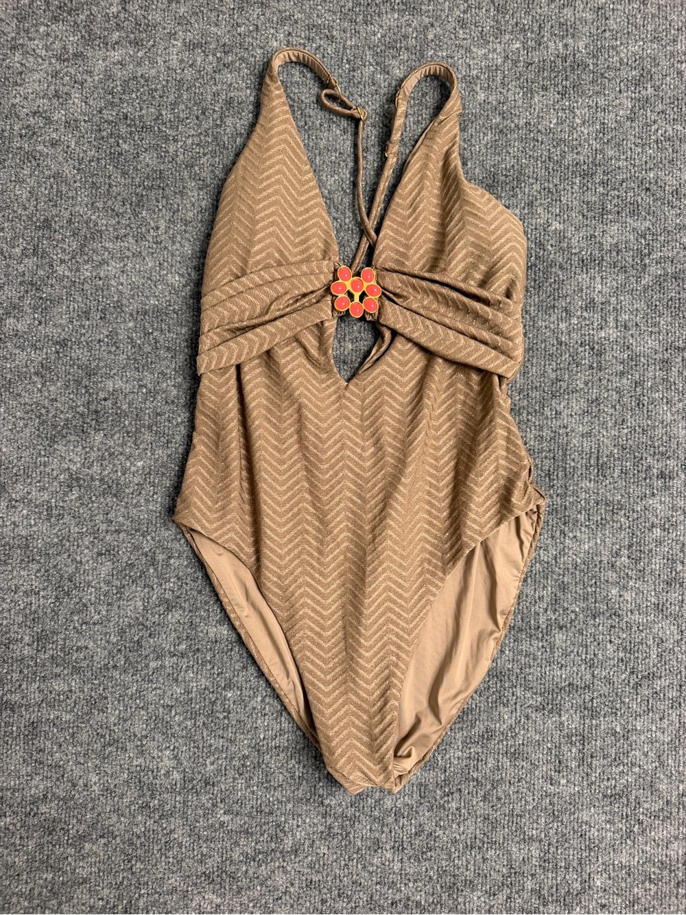 Trina Turk Tan Chevron One-Piece Swimsuit with Center Floral Accent